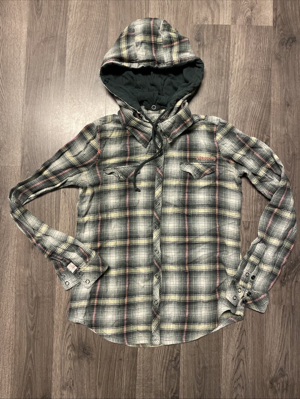 Billabong Womens Small Plaid Hooded Flannel Shirt Jacket Detachable Snap Hood